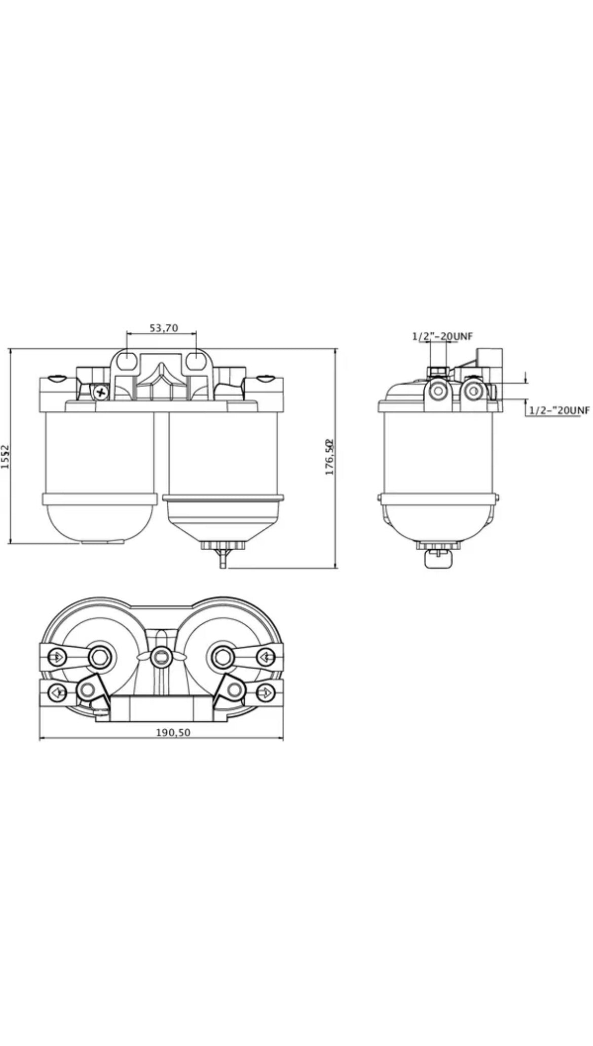 Brandstof filter dubbel in-uit 1/2" UNF x 20 Diesel CAV