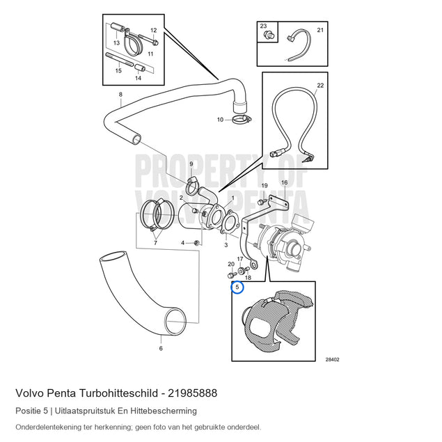 Volvo Penta turbohitteschild 21985888, positie 5 in de onderdelentekening