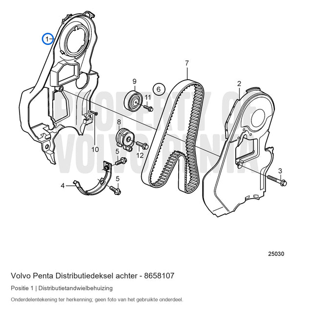 Volvo Penta distributiedeksel achter 8658107, positie 1 in de onderdelentekening